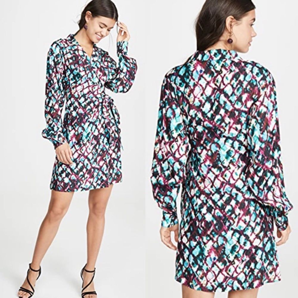 SALONI Mari Silk Amrita Watercolor Long Sleeve Printed Wrap Dress Size 2